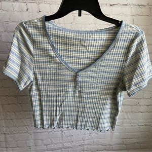 American Eagle Women’s Blue and Green Stripped Ribbed Crop Top Size L